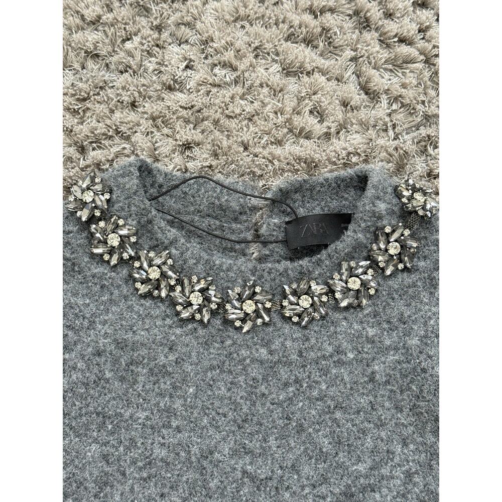 ZARA Womens Grey Fluffy Knit Sweater Short Sleeve Rhinestone Detail Size S NWOT - Picture 3 of 13